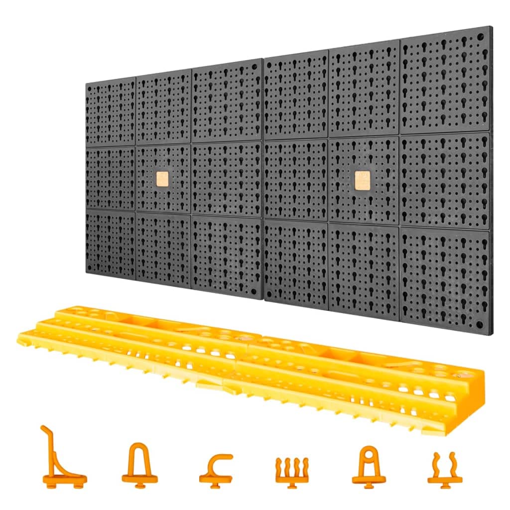 vidaXL Wall-Mounted Tool Wall | Polypropylene Garage Organizer | Storage Solution for Small Items & Hand Tools | Includes 50 Assorted Hooks | Black & Yellow