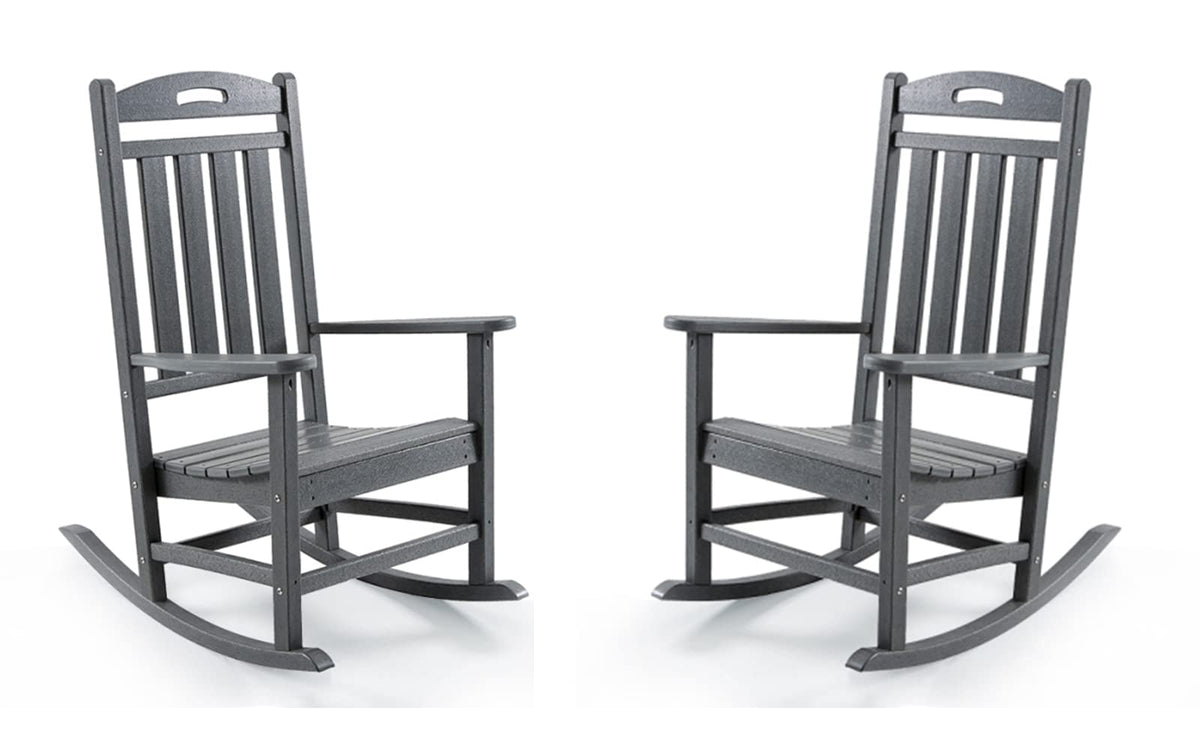 Outdoor Rocking Chairs Set Of 2, Looks Like Wood, High Back Poly Lumber Patio Rocker Chair, 365Lbs Support Rocking Chairs, All-Weather Porch Rocking Chair For Lawn, Backyard, Indoor, Garden, Gray