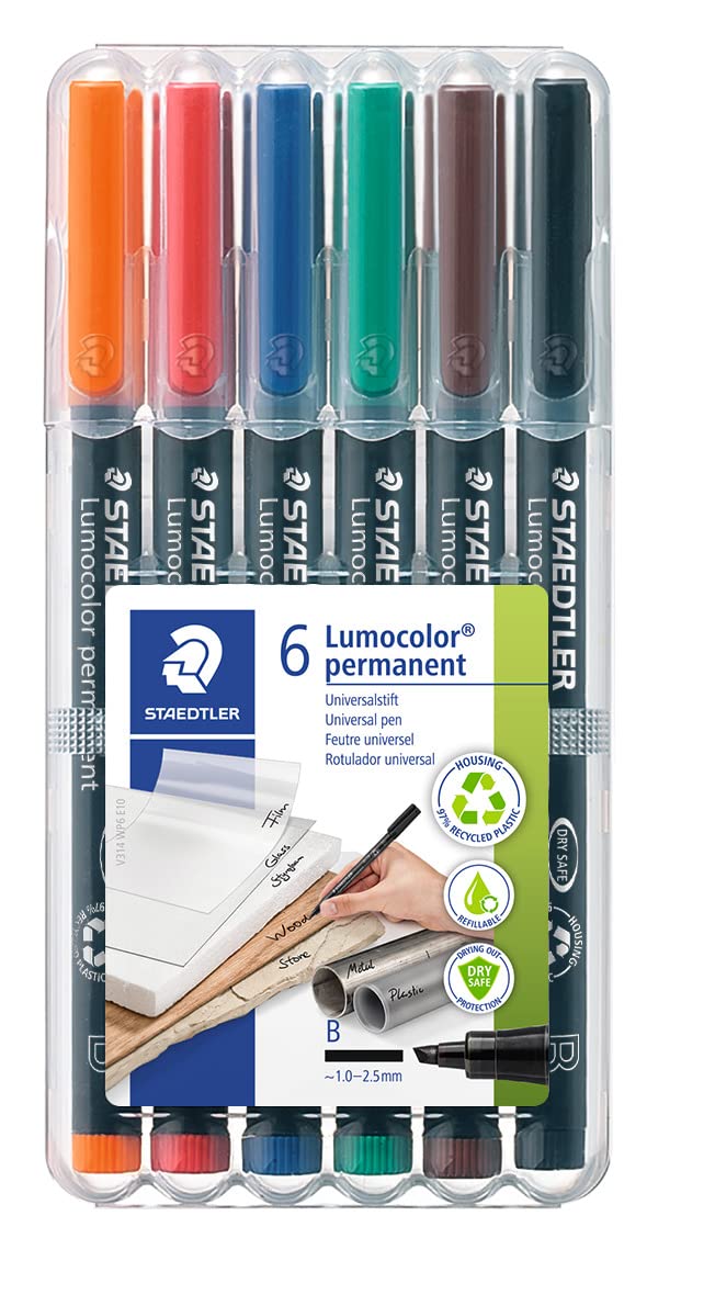 Staedtler Lumocolor Universal Pen, Broad Chisel, Felt Tip, Permanent Marker, Box Of 6 Assorted Color Pens, 2.5Mm 314 Wp6, Assort