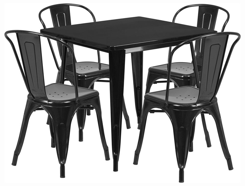Flash Furniture 5-Piece Commercial 31.5' Square Metal Dining Table And Chairs Set, Indoor/Outdoor Dining Set With Table And 4 Stackable Chairs, Black