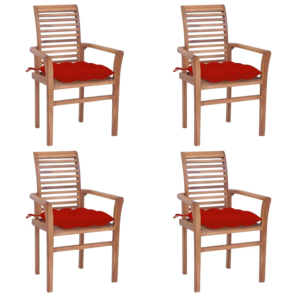 vidaXL Solid Teak Wood Outdoor Dining Chairs with Red Cushions - Thumbnail 2