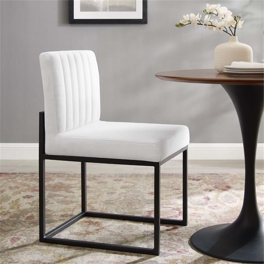 Modway Carriage Channel Tufted Sled Base Upholstered Fabric Dining Chair, Black White