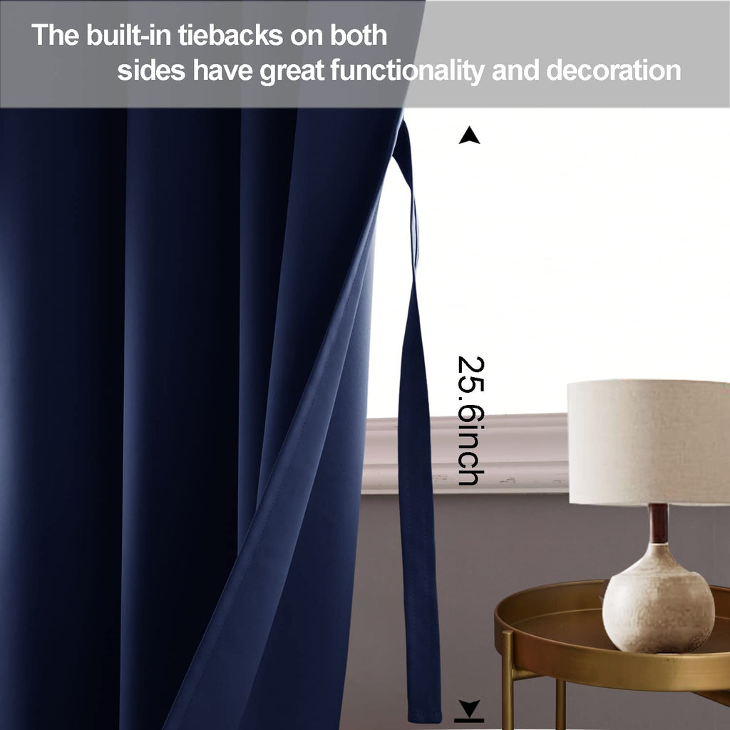 Jiuzhen Navy Blue Blackout Curtains With Tiebacks Thermal Insulated, Light Blocking And Noise Reducing Grommet Curtains For Bedroom And Living Room, Set Of 2 Window Curtain Panels, 52 X 96 Inch Length