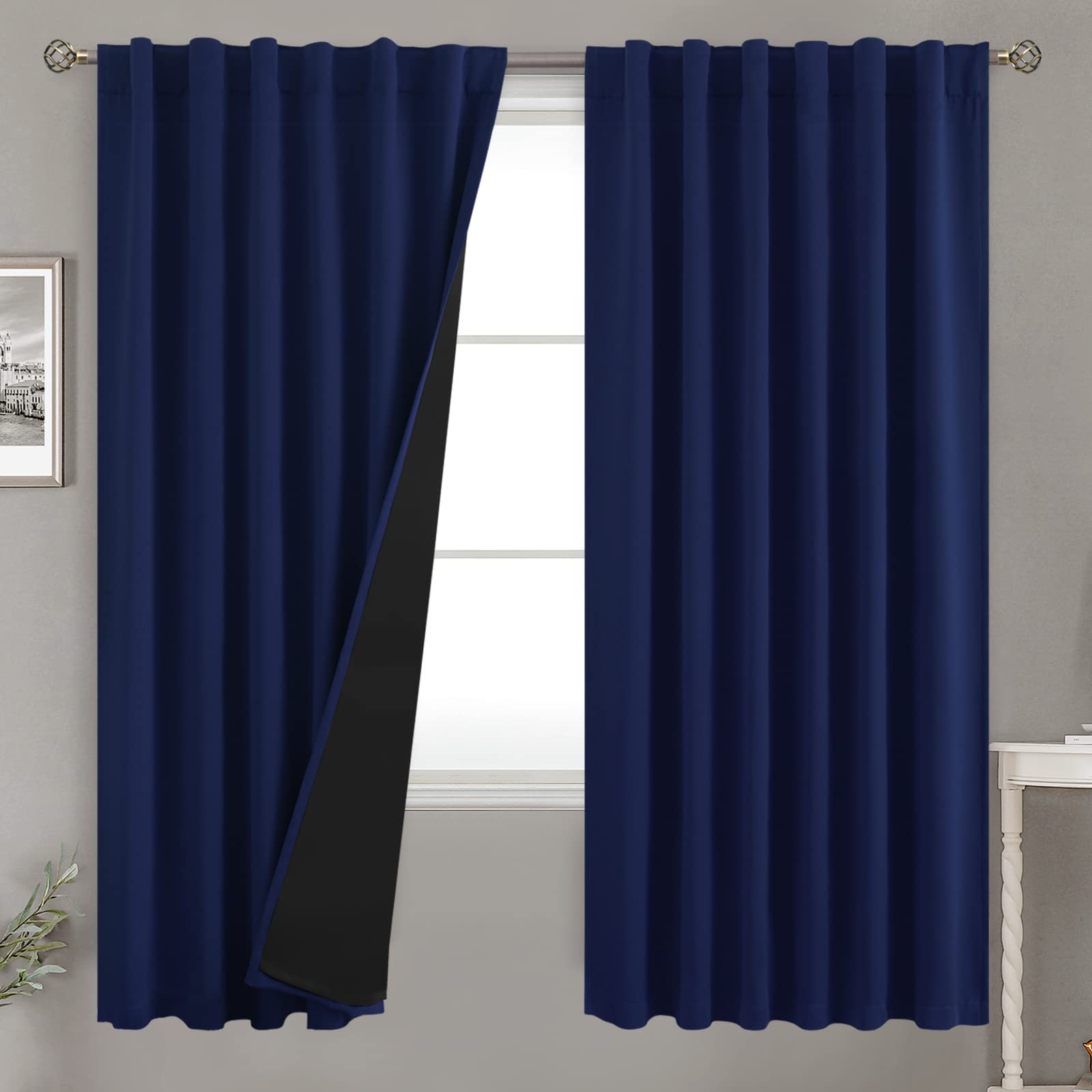 Bgment Navy Blue 100% Blackout Curtains 72 Inches Long With Black Liner, Rod Pocket And Back Tab Double Layer Full Room Darkenin