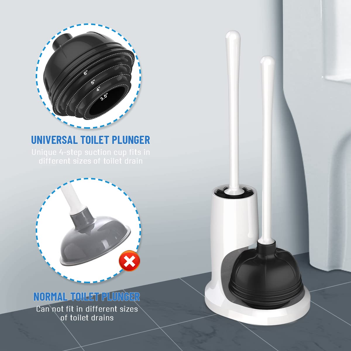 Uptronic Toilet Plunger And Brush, Bowl Brush And Heavy Duty Toilet Plunger Set With Holder, 2-In-1 Bathroom Cleaning Combo With