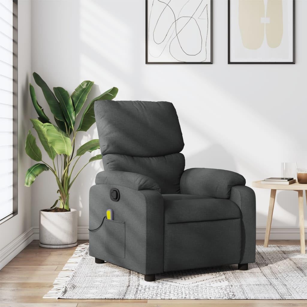 vidaXL Massage Recliner Chair - Dark Gray Fabric Seat with Manual Reclining and Vibration Function, Side Pocket, Adjustable Footrest and Backrest, Wood & Metal Frame for Living Room/Office