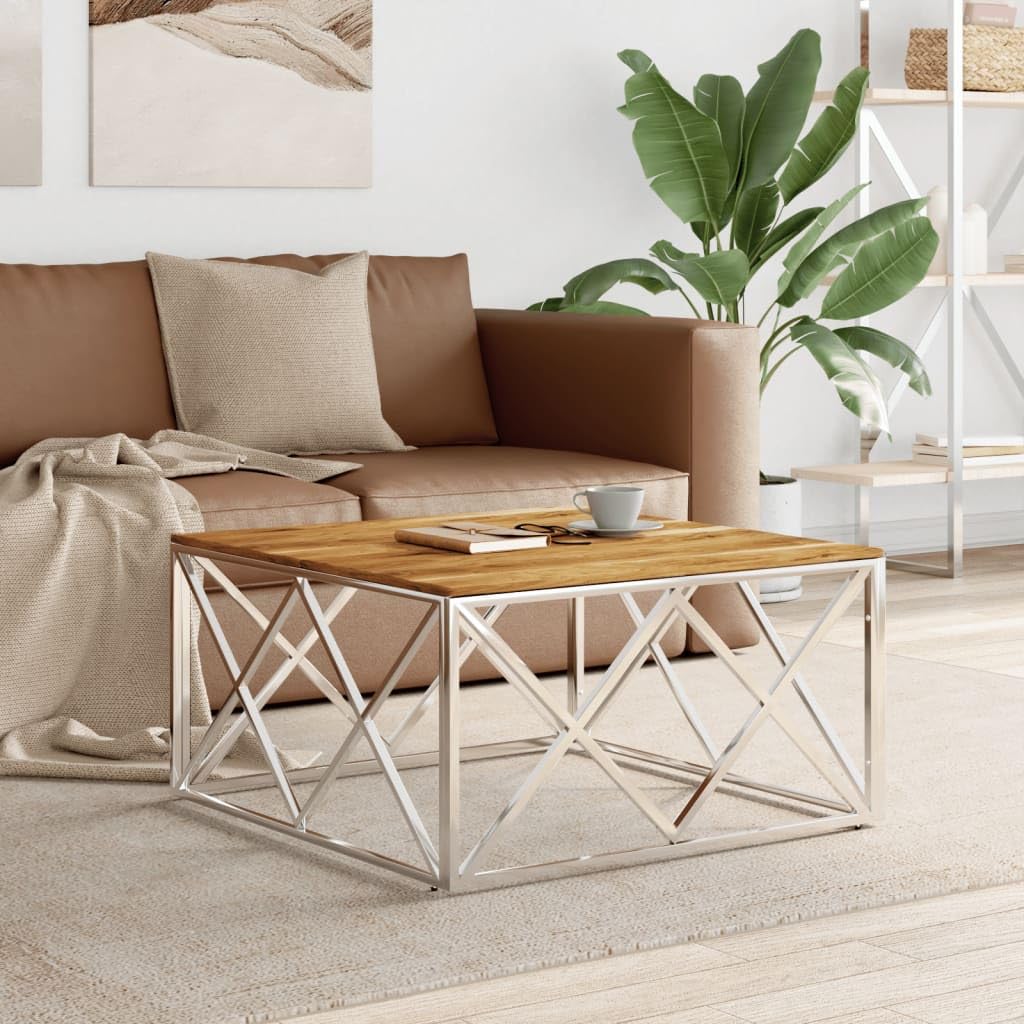 vidaXL Square Coffee Table - Acacia Wood Top, Stainless-Steel Frame, Spacious Surface, Modern Living Room Furniture Accent Piece