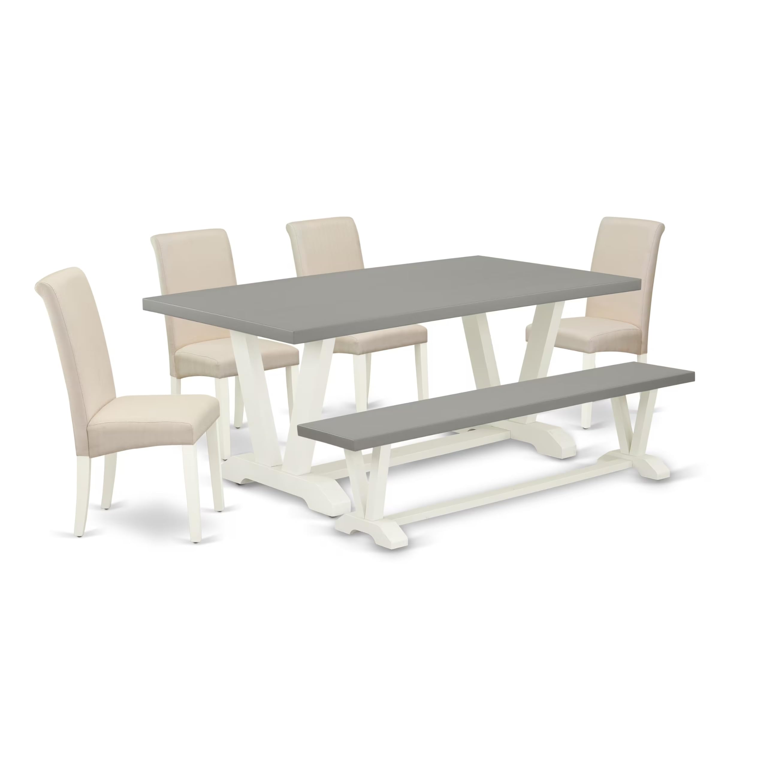 East West Furniture V-Style 6 Piece Dining Room Set Contains A Rectangle Kitchen Table With V-Legs And 4 Cream Linen Fabric Parson Chairs With A Bench, 40X72 Inch, V097Ba201-6