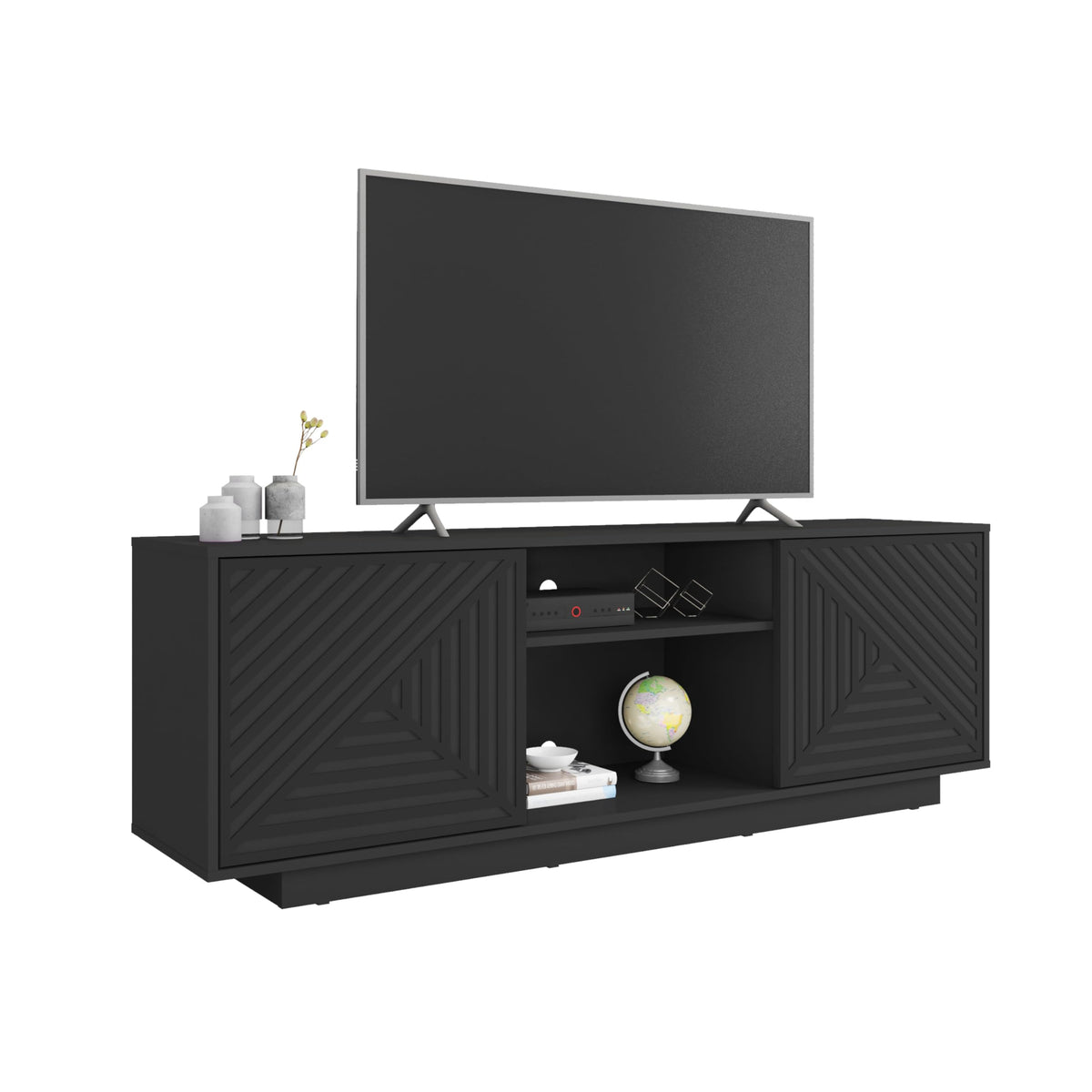 Techni Mobili Modern Tv Stand For Screen Tvs Up To 70” When Measured Diagonally – Black Tv Stand With 2 Storage Cabinets With Patterned Doors And Open Shelves – Black