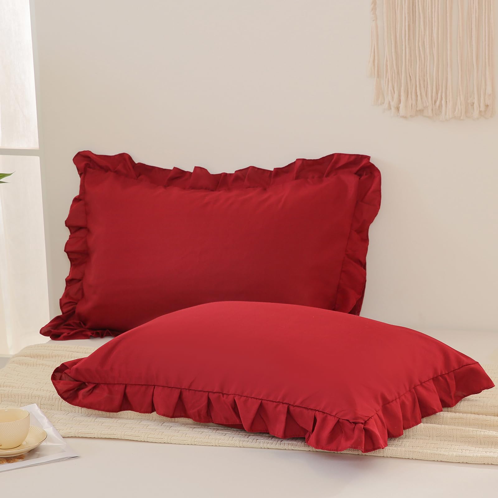 Burgundy Pillowcases King Pillowcases Ruffled Pillow Shams Set Of 2 Cute Pillowcases Solid Ruffled Fringe Design Red Shabby Chic