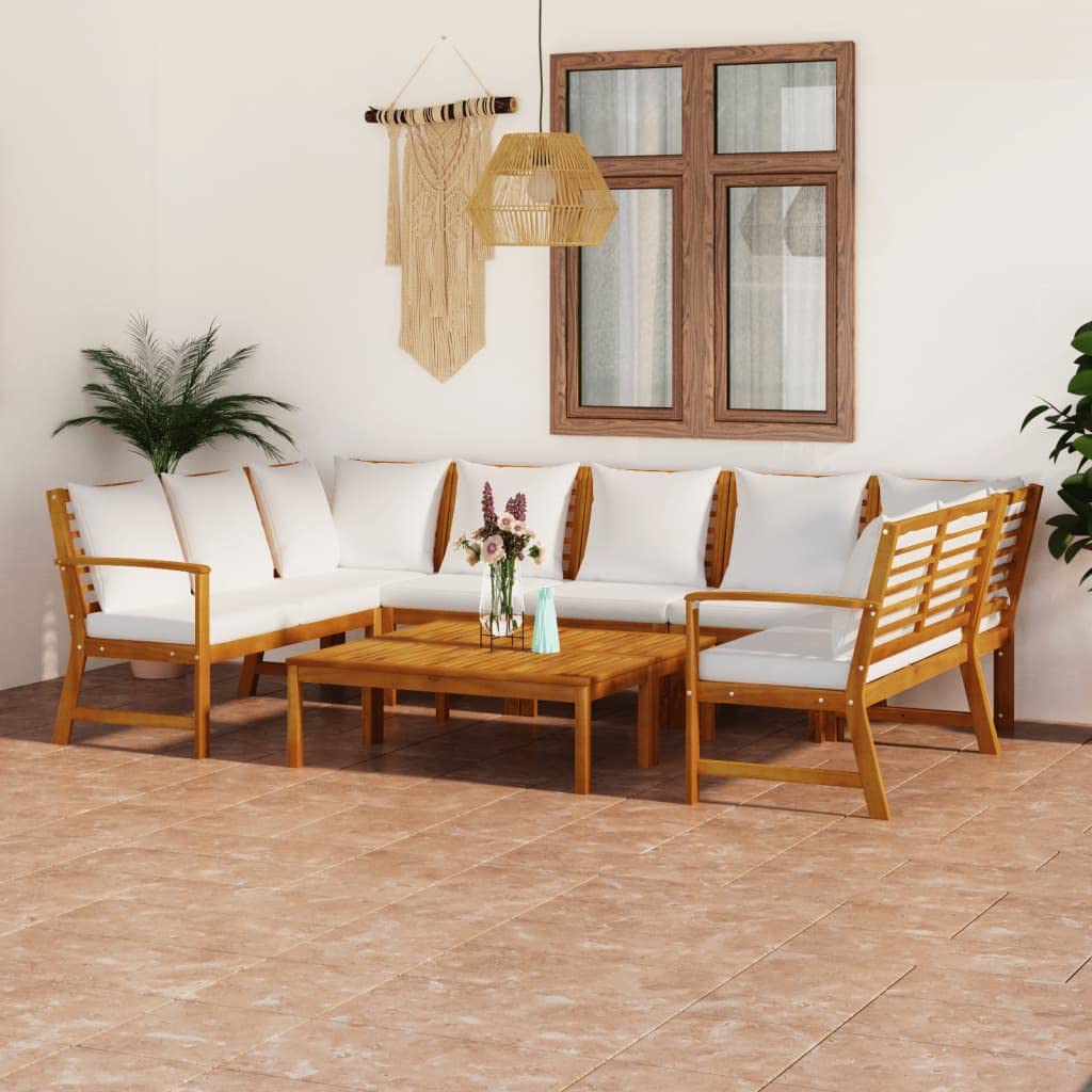 vidaXL Patio Lounge Set 9 Piece, Patio Furniture Set for Outdoor, Sectional Sofa with Cushions, Corner Sofa, Modern Style, Cream Solid Wood Acacia