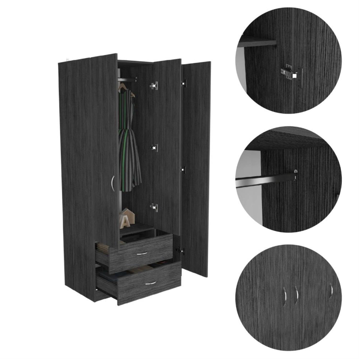 Bosko 3 Doors Armoire, 2 Drawers, Metal Rod, Four Shelvez, Smokey Oak/White