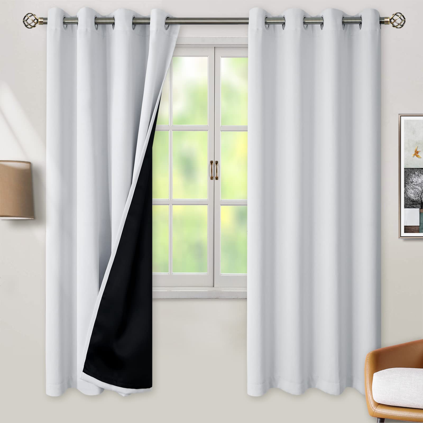 Bgment Greyish White 100% Blackout Curtains For Bedroom 69 Inch Length 2 Panels Set, Thermal Insulated Full Light Blocking Gromm