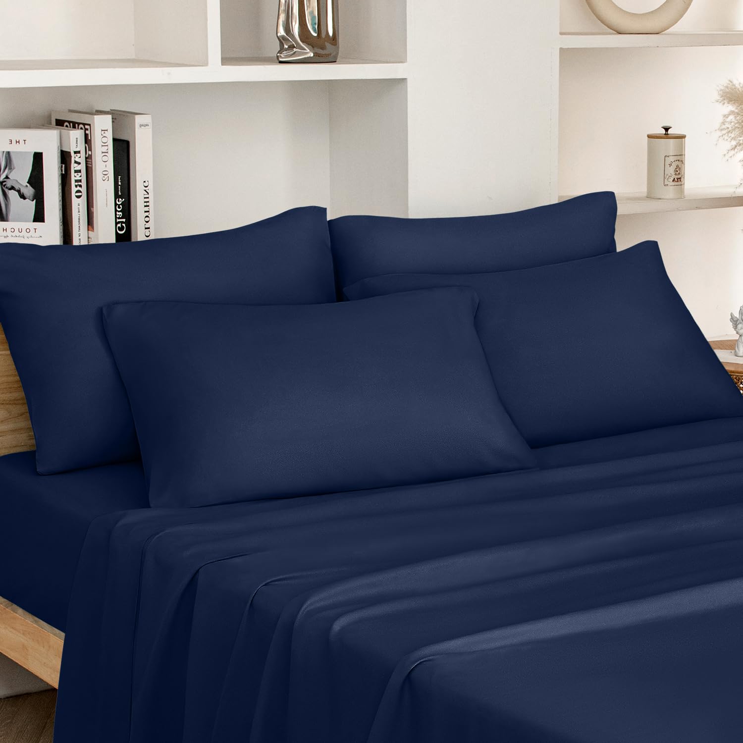 Homeideas King Size Bed Sheets - 6 Piece Set (Navy) - Extra Soft Brushed Microfiber 1800 Bedding Sheets, Deep Pocket, Wrinkle &