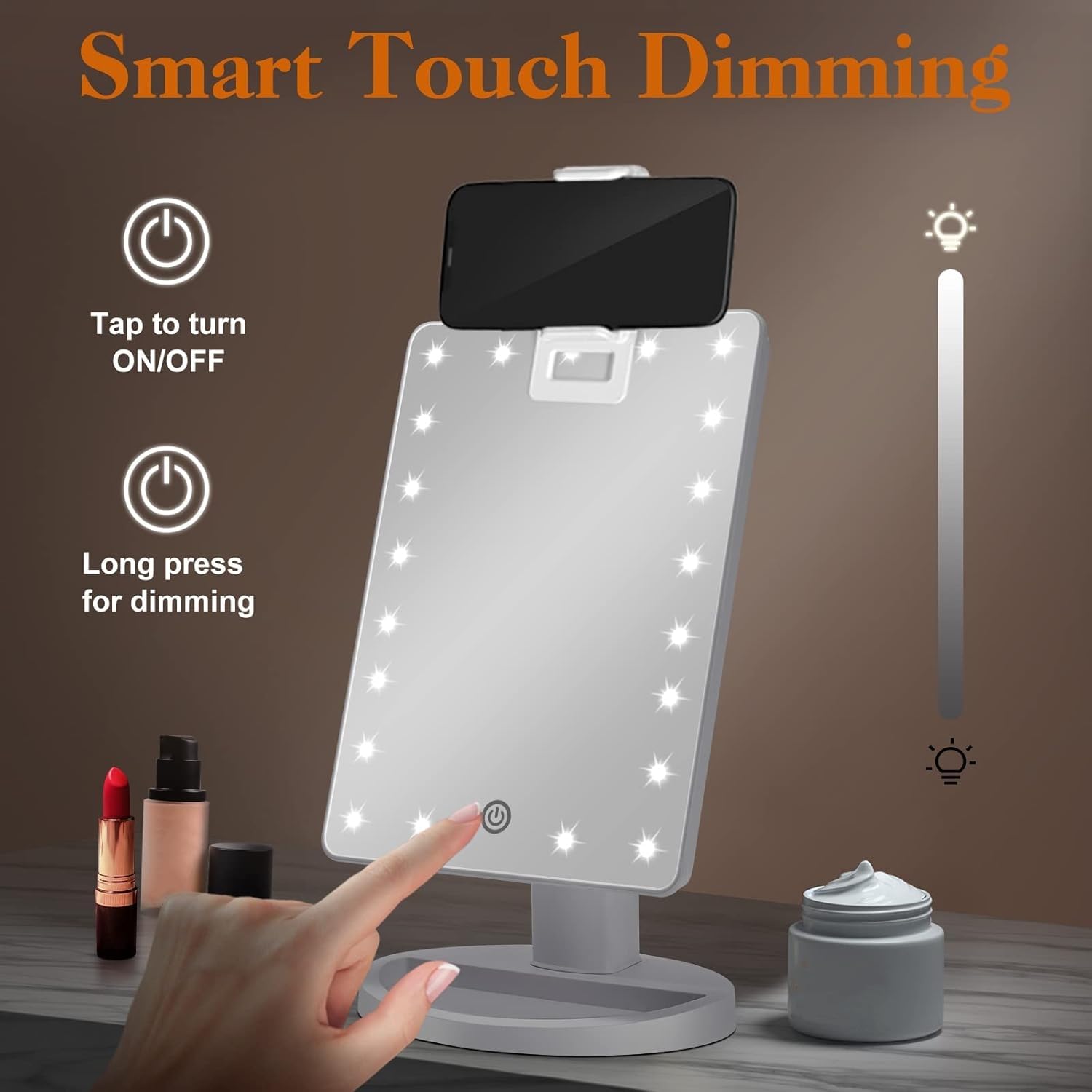 Lighted Makeup Vanity Mirror With Phone Holder And 10X Magnifying Mirror, 21 Led Lighted Mirror With Touch Sensor Dimming, 180Ad