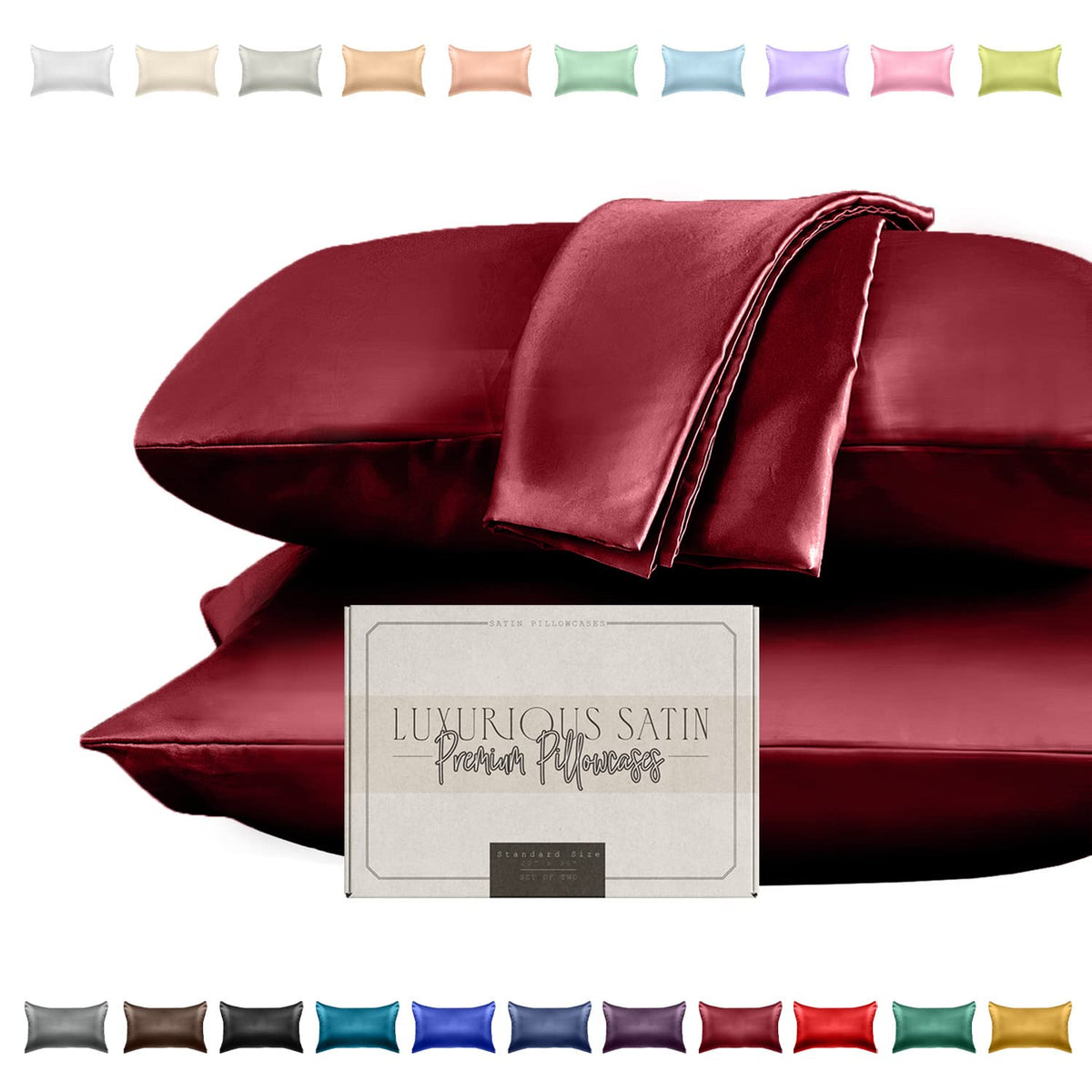 Elegant Comfort Silky And Luxurious 2-Piece Satin Pillowcase Set For Healthier Skin And Hair, Hidden Zipper Closure And Beautifully Packaged, Satin Pillowcase Set, Standard/Queen, Burgundy