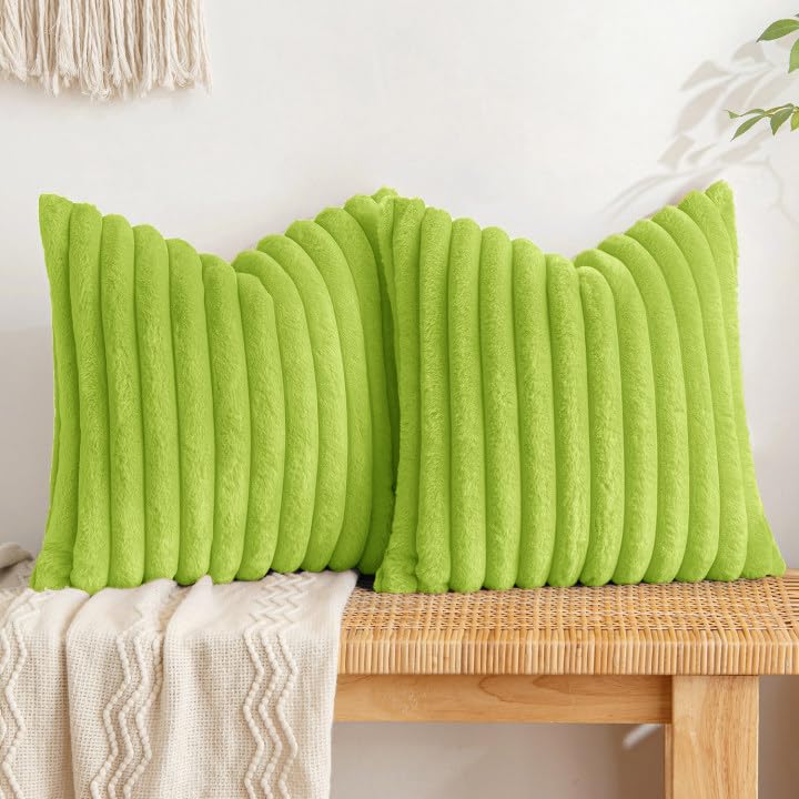 Miulee Christmas Green Throw Pillow Covers 16X16 Inch Set Of 2 Soft Pillowcases With Velvet Back Faux Rabbit Fur Cushion Covers