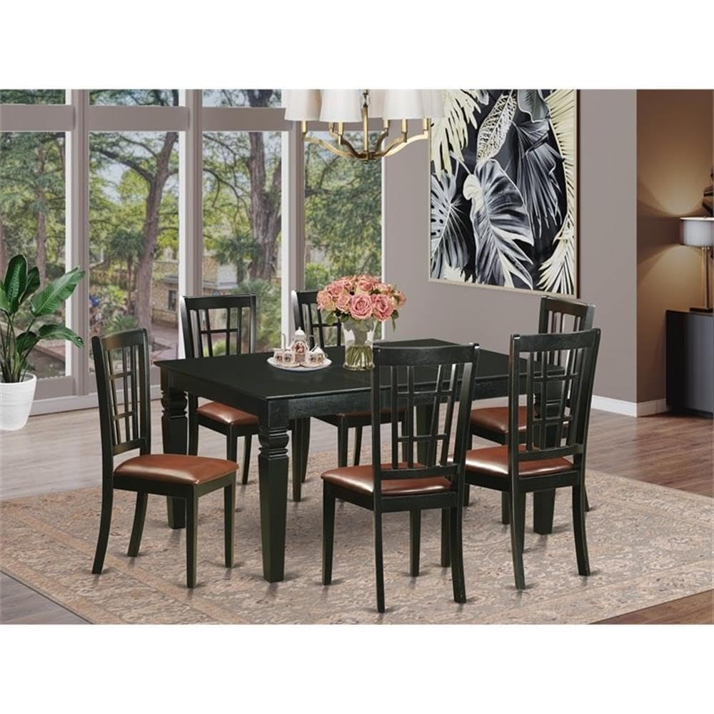 East West Furniture WENI7-BLK-LC 7 Piece Dining Room Table Set Consist of a Rectangle Wooden Table with Butterfly Leaf and 6 Faux Leather Kitchen Dining Chairs, 42x60 Inch, Black