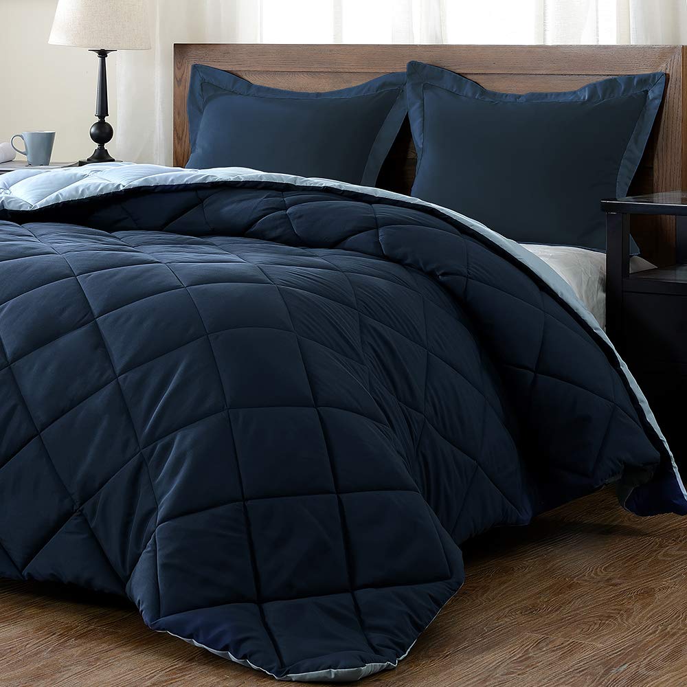 Downluxe Lightweight Solid Comforter Set (Queen) With 2 Pillow Shams - 3-Piece Set - Blue And Sapphire - Down Alternative Revers
