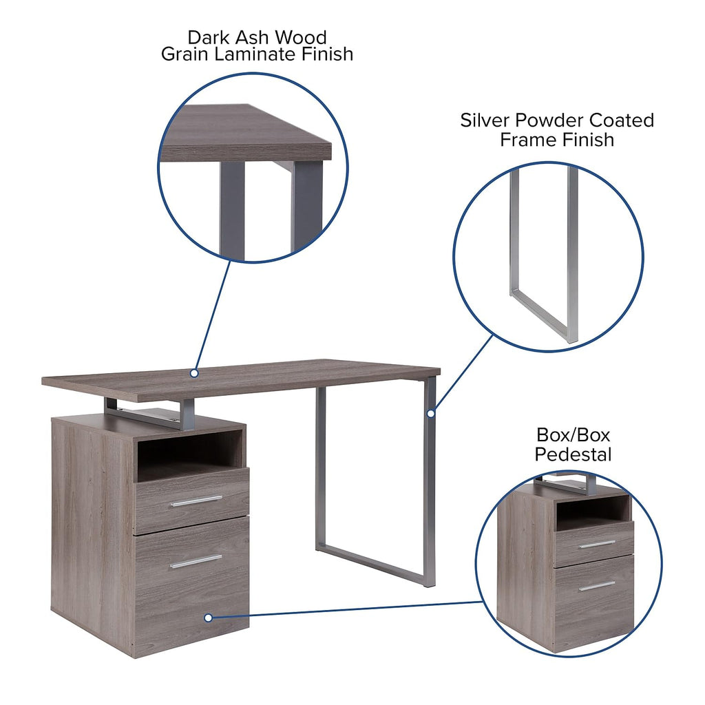 Flash Furniture Harwood Light Ash Wood Grain Finish Computer Desk With Two Drawers And Silver Metal Frame
