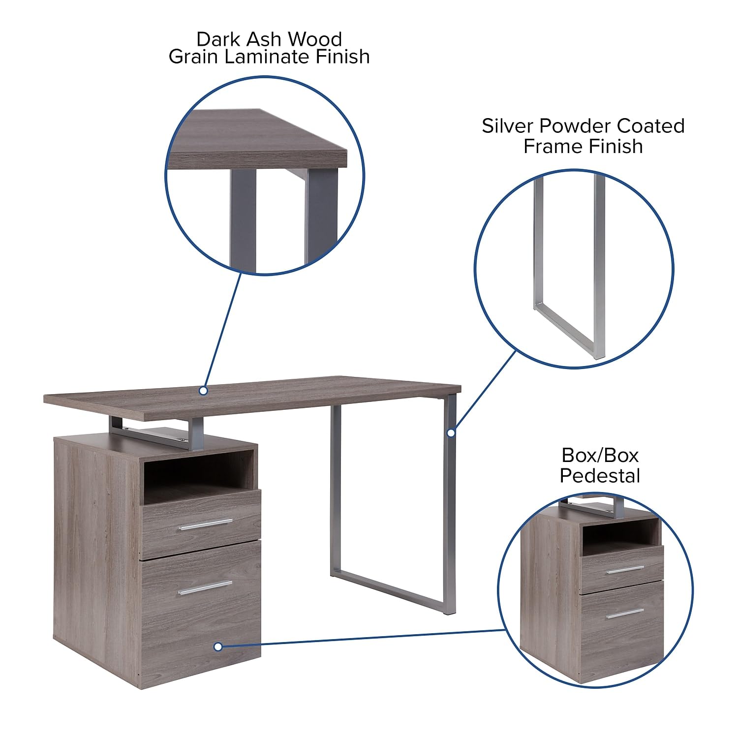 Flash Furniture Harwood Light Ash Wood Grain Finish Computer Desk With Two Drawers And Silver Metal Frame