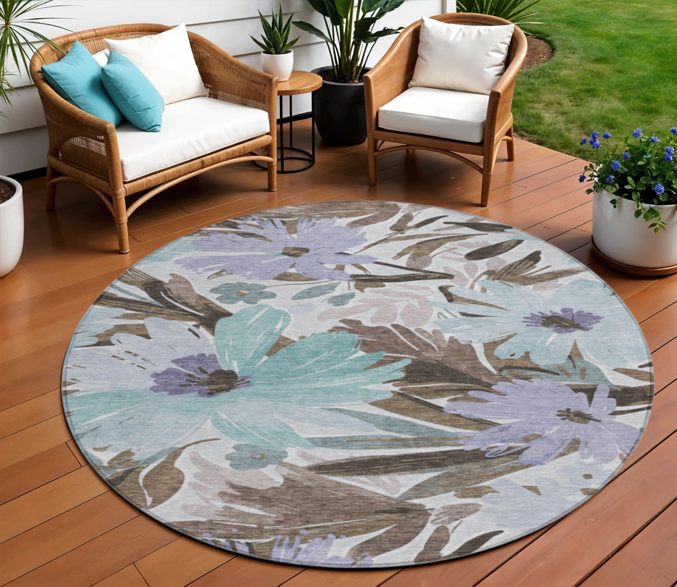 8 Taupe And Lilac Round Floral Washable Indoor Outdoor Area Rug