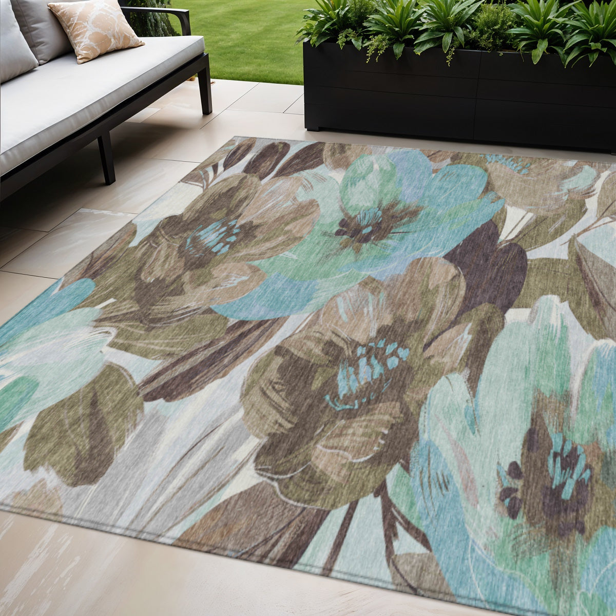 5 X 8 Khaki And Taupe Floral Washable Indoor Outdoor Area Rug