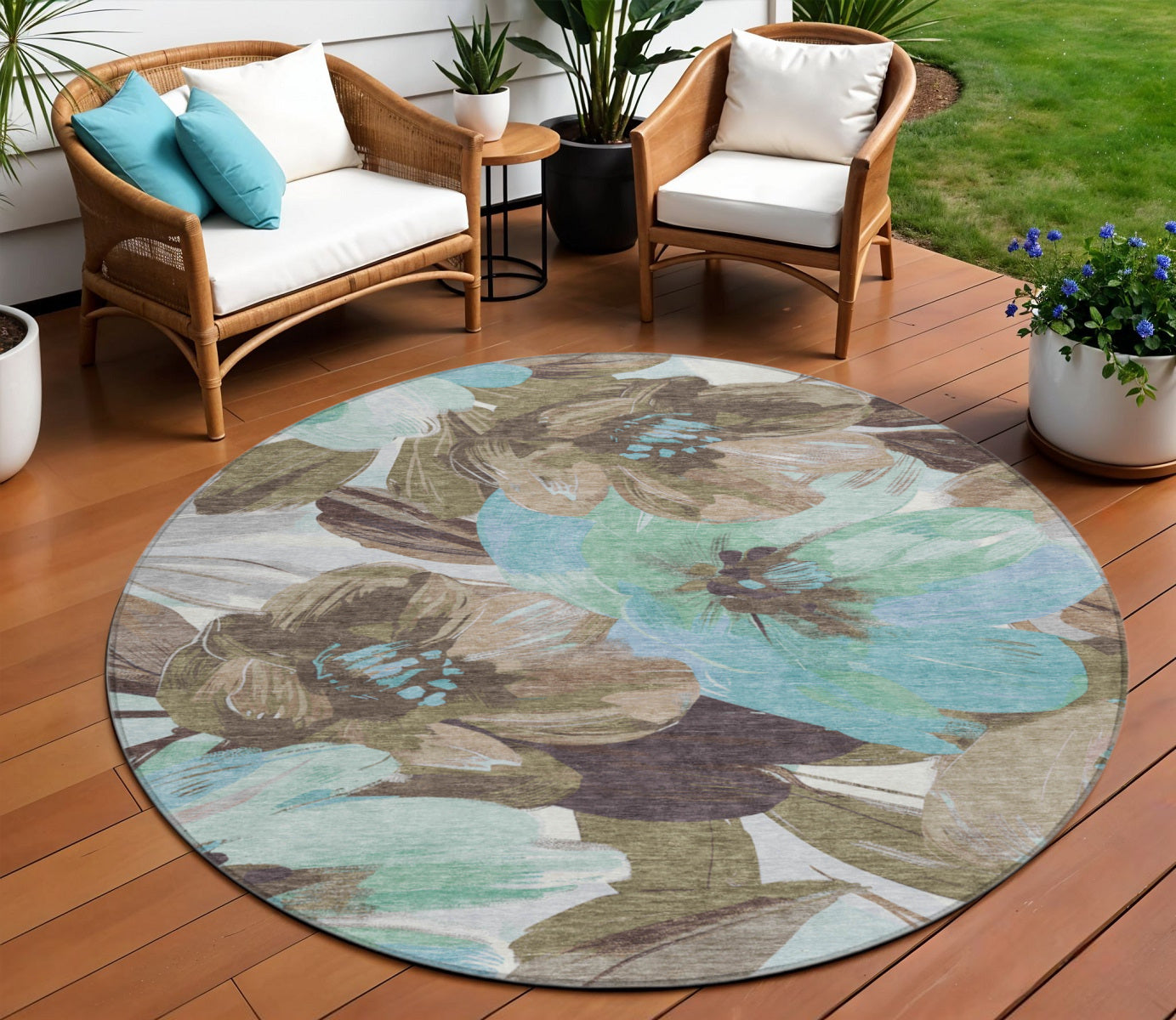8 Khaki And Taupe Round Floral Washable Indoor Outdoor Area Rug