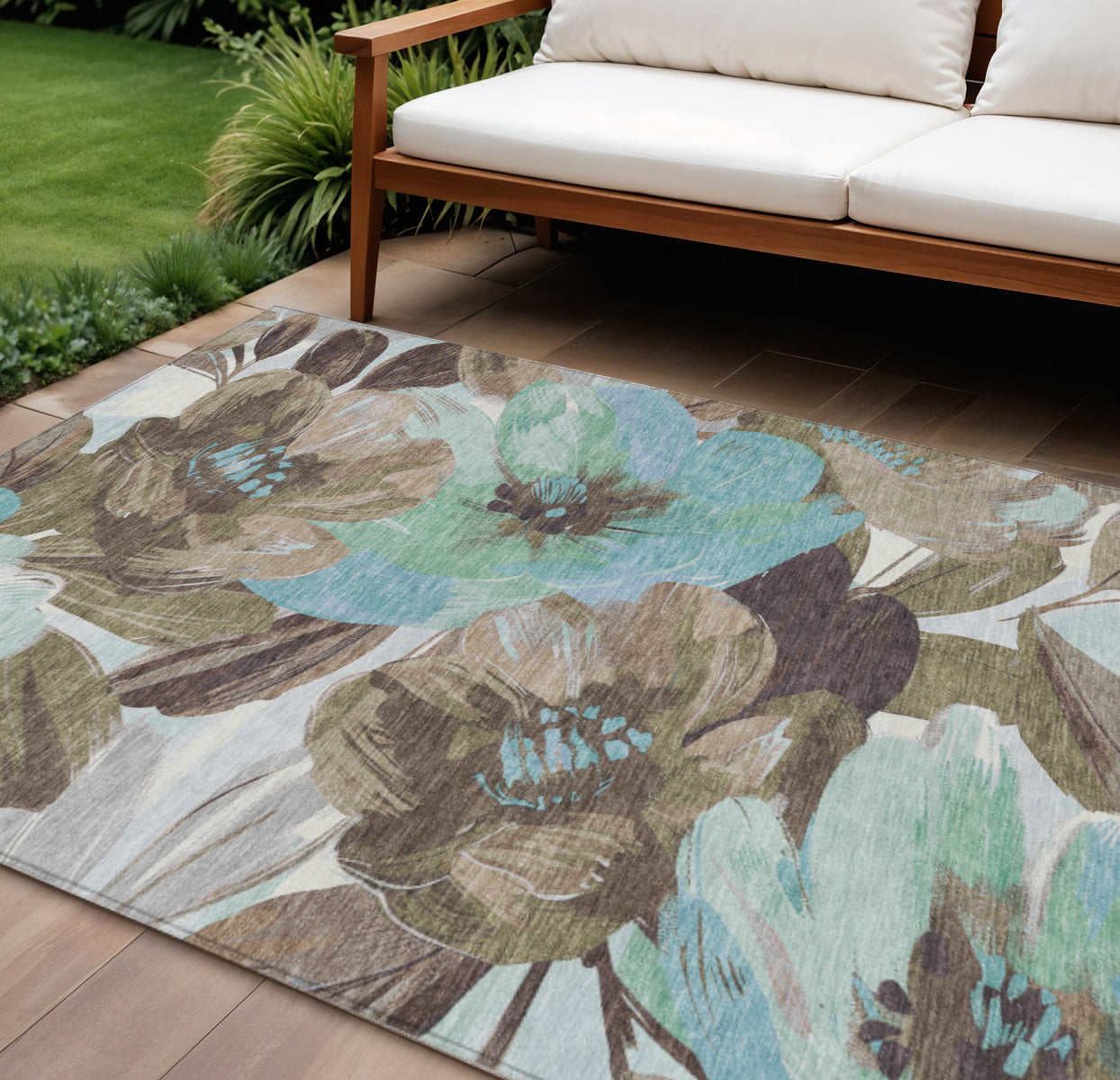9 X 12 Khaki And Taupe Floral Washable Indoor Outdoor Area Rug