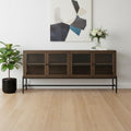 70 Black And Brown Solid Wood Sideboard Soft Close with Four Glass Doors