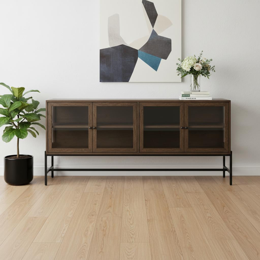 70 Black And Brown Solid Wood Sideboard Soft Close with Four Glass Doors