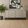 70 Light Brown Wood Carved Geometric Nine Drawer Sideboard