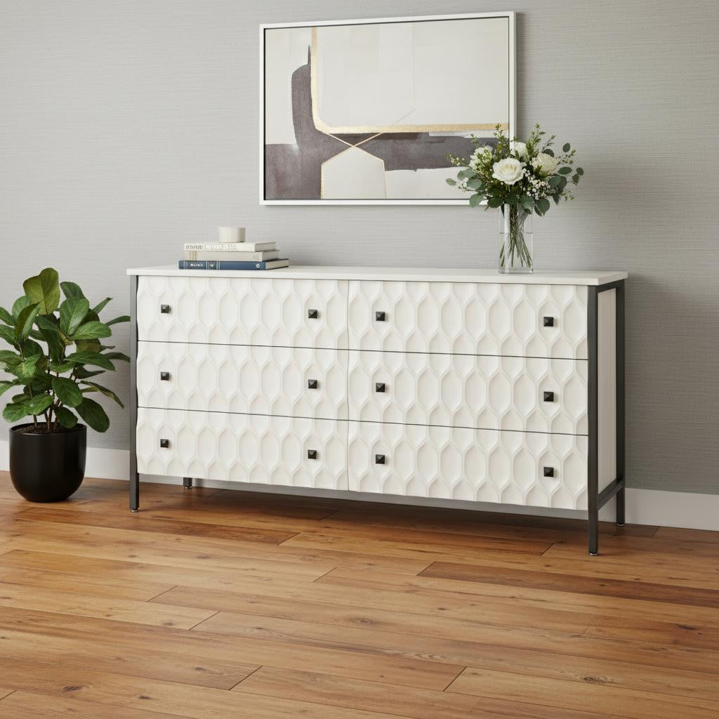 63 Gray And White Wood Carved Geometric Six Drawer Sideboard