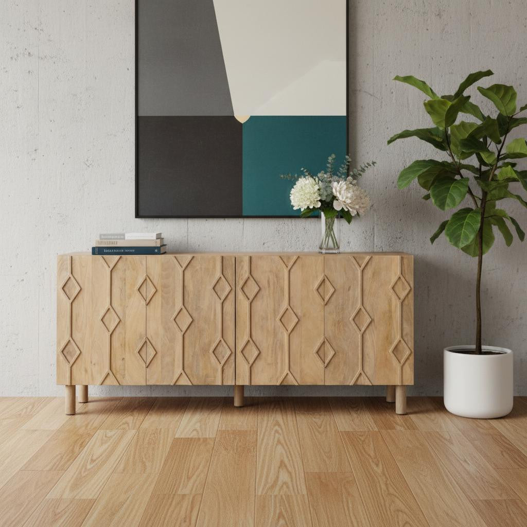 71 Light Brown Solid Wood Carved Geometric Sideboard Soft Close with Four Doors