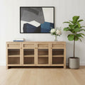 80 Light Brown Solid Wood Three Drawer Sideboard Soft Close with Four Glass Doors