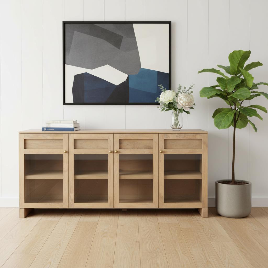 80 Light Brown Solid Wood Three Drawer Sideboard Soft Close with Four Glass Doors