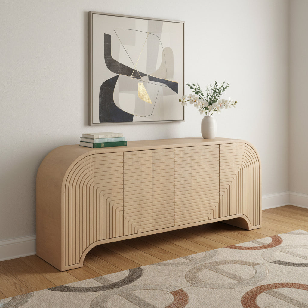 72 Natural Solid Wood Ribbed Texture Sideboard With Four Doors
