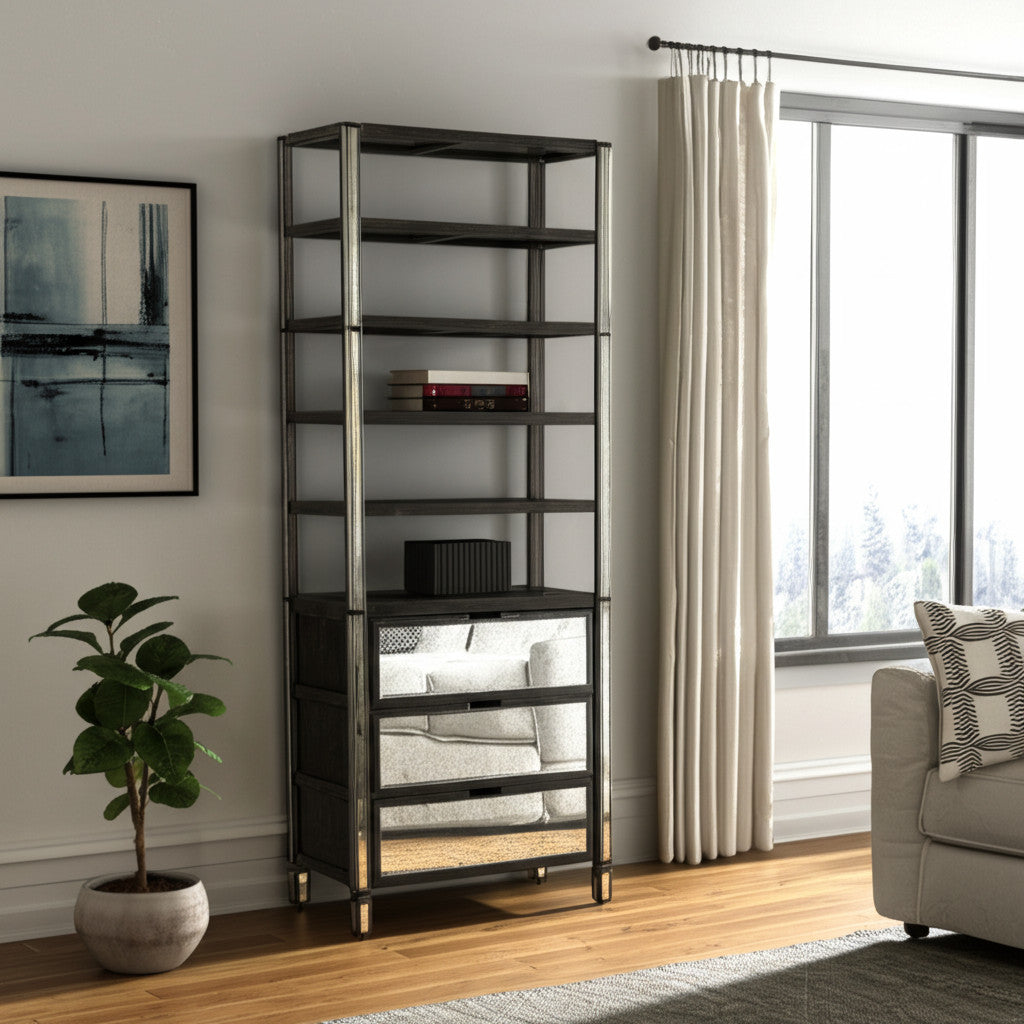 32 Dark Brown Solid Wood and Mirrored Glass Four Tier Bookcase with Three Drawers