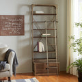 32 Light Brown And Nickel Metal and Solid Wood Six Tier Library Bookcase with Two Drawers