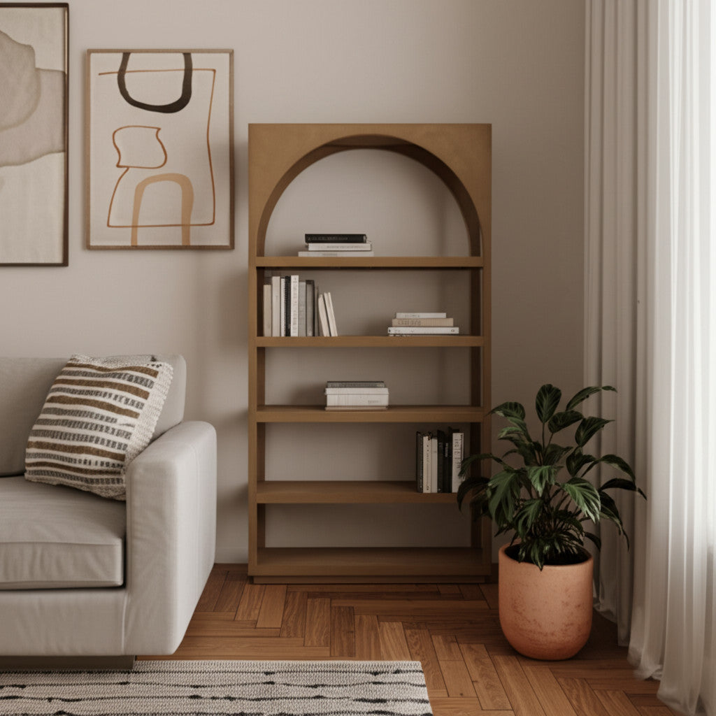 47 Brown Arched Solid Wood Five Tier Bookcase