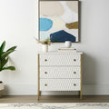 32 White and Gold Wood and Metal Carved Geometric Accent Cabinet With Three Drawers