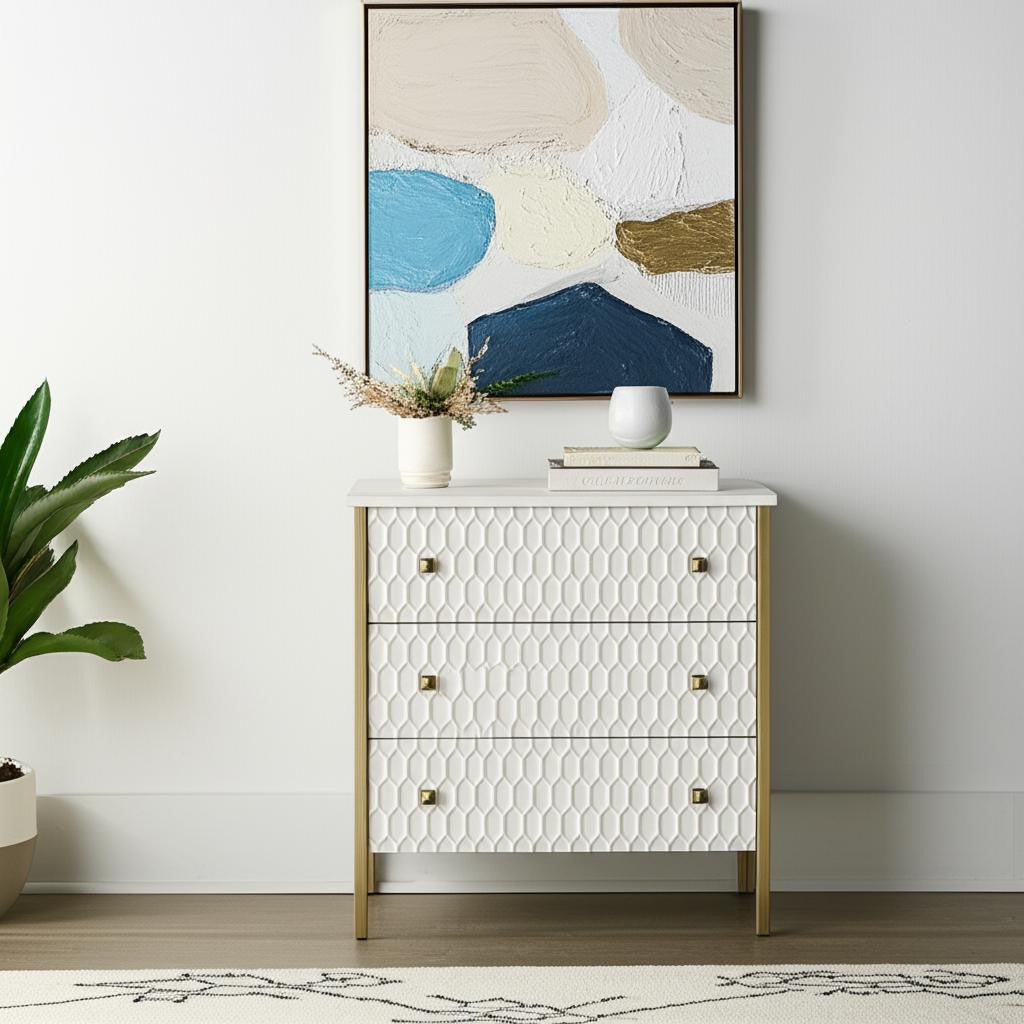 32 White and Gold Wood and Metal Carved Geometric Accent Cabinet With Three Drawers