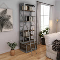 32 Light Brown And Nickel Metal and Solid Wood Five Tier Library Bookcase with Two Drawers