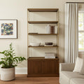 42 Antiqued Brass And Brown Distressed Metal and Solid Wood Four Tier Bookcase with Two Doors