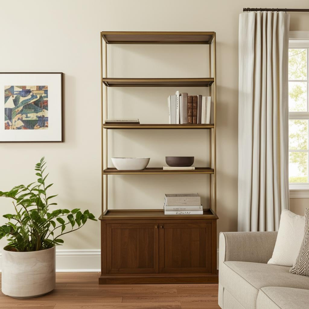 42 Antiqued Brass And Brown Distressed Metal and Solid Wood Four Tier Bookcase with Two Doors