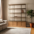 82 Antiqued Brass And Light Brown Distressed Metal and Solid Wood Three Tier Bookcase with Four Doors