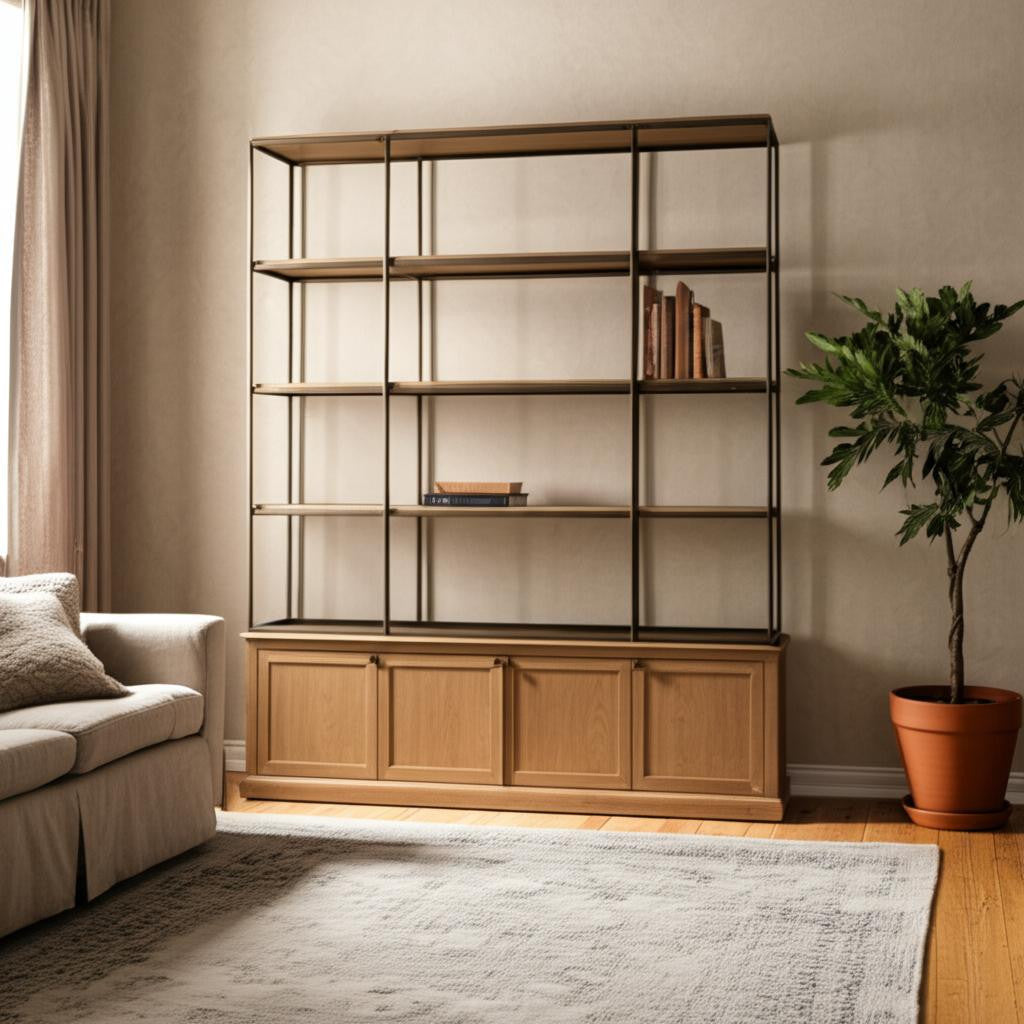 82 Antiqued Brass And Light Brown Distressed Metal and Solid Wood Three Tier Bookcase with Four Doors