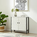 32 White and Gray Wood and Metal Carved Geometric Accent Cabinet With Two Doors