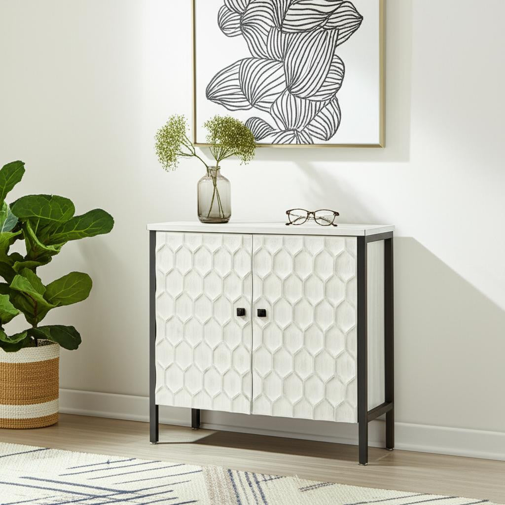 32 White and Gray Wood and Metal Carved Geometric Accent Cabinet With Two Doors