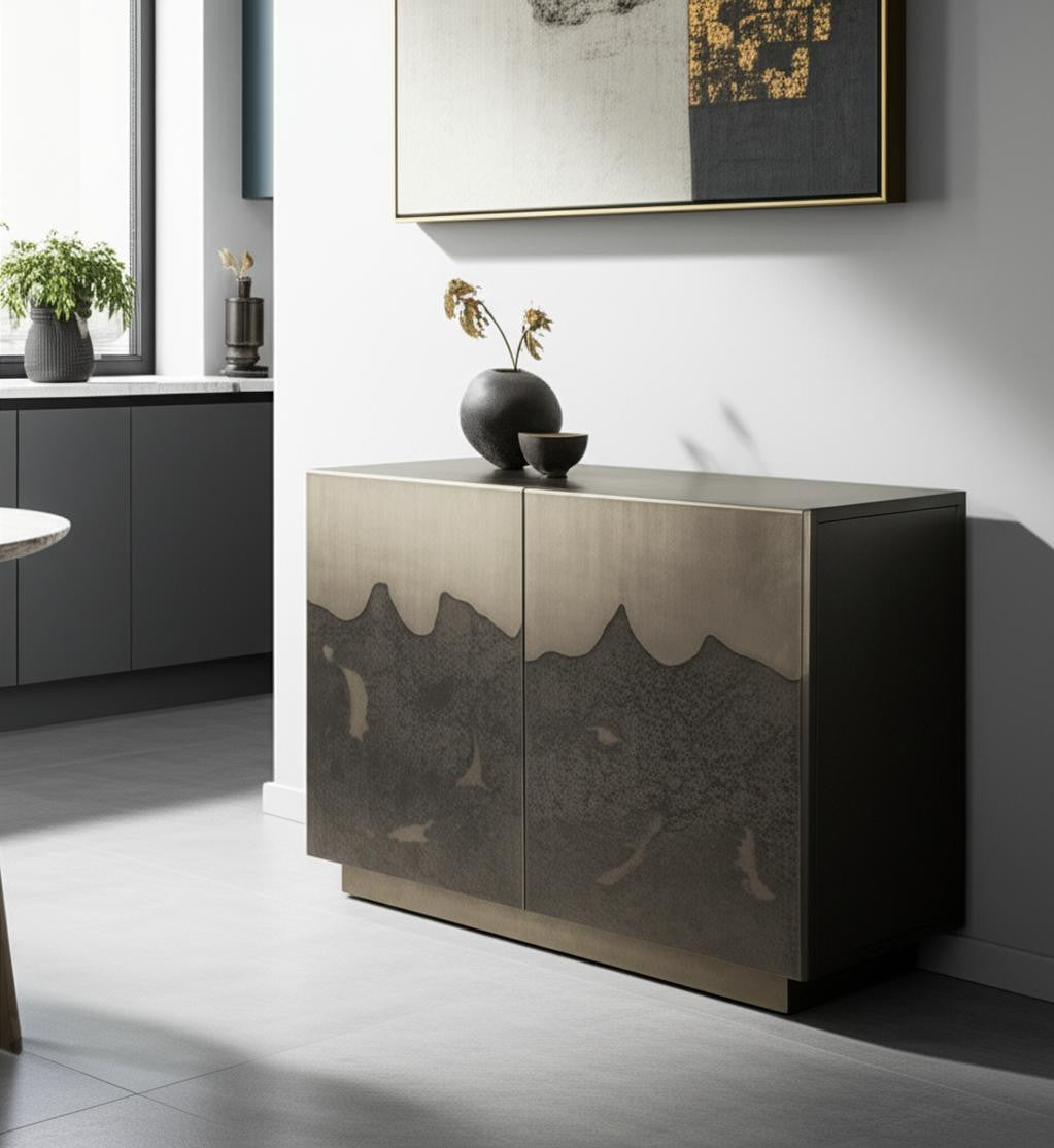 30'' Gray Distressed Metal Textured Door Accent Cabinet With Two Doors